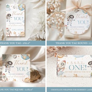 May include: Four different space-themed party favors. Includes a rectangular tag, a round tag, a square tag, and a chocolate wrapper. Each features an astronaut, planets, and the words "Thank You" or "One!" in a whimsical font.