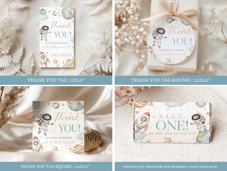 May include: Four different space-themed party favors. Includes a rectangular tag, a round tag, a square tag, and a chocolate wrapper. Each features an astronaut, planets, and the words "Thank You" or "One!" in a whimsical font.