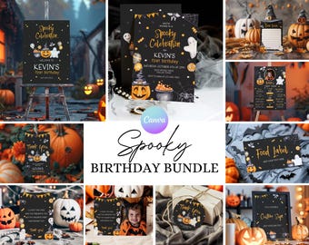 Spooky One Birthday Invitation Bundle, Halloween First Birthday (Canva Template) PT6