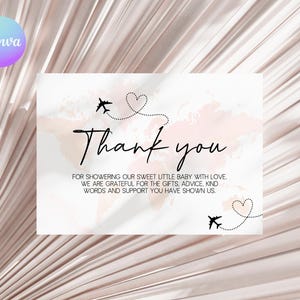 Avontuurlijke babyshower bedankt, bedankkaarten babyshower reisthema, bedankkaart wereldkaart, decoratie vliegtuigshower AA1