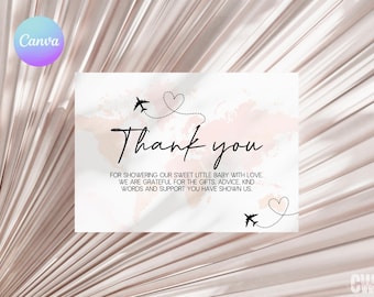 Tarjetas de agradecimiento para baby shower de aventura, diseño de avión con mapa del mundo - AA1