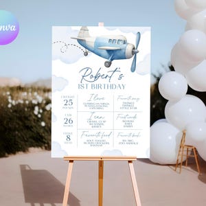 Cartaz comemorativo do primeiro aniversário de um avião, Cartaz comemorativo do primeiro aniversário de um avião, Quadro de estatísticas de bebês de avião, Decoração de primeiro aniversário de piloto AE1