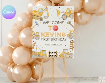 Construction 1st Birthday Welcome Sign, Dump Truck Boy Birthday Welcome Poster, Construction Truck Party Sign, Dump Truck Decor CN1