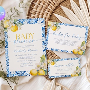 Mittelmeer-Babyparty-Einladungsset, italienische Zitronen-Babyparty-Einladungsvorlage, bearbeitbare blaue Kachel-Babyparty-elektronische Evite LM2