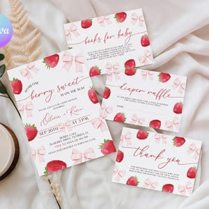 Set di inviti "Someone Berry Sweet on the Way", invito stampabile per baby shower alla fragola, invito mobile modificabile per baby shower alla fragola CP2