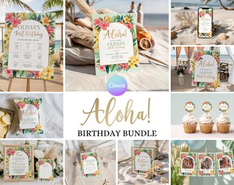 Aloha Birthday Party Bundle, Tropical Flower Luau Theme Decor, Girl 1st Birthday Package, Hawaiian Party Supplies AQ1