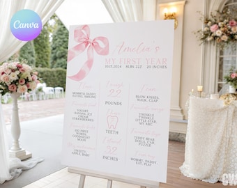Printable Pink Bow First Birthday Milestone, Pink Girly 1st Birthday Milestone Sign, Editable Coquette Bow 1st Year Keepsake Sign BN1