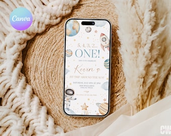 Invitación de primer cumpleaños de Digital Space, invitación de cumpleaños de viaje alrededor del sol, invitación móvil de cohete para primer cumpleaños, invitación de teléfono para fiesta de galaxia AS1