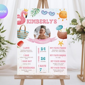Letrero de cumpleaños "Uno al sol", letrero de estadísticas de primer año para niñas en la piscina, póster de estadísticas de primer cumpleaños tropical, decoración de cumpleaños de playa editable PP1