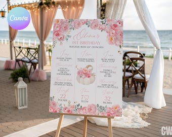May include: A white sign on an easel, decorated with pink floral accents, celebrates Olivia's 1st birthday. The sign includes details such as weight (22 pounds), height (32 inches), and favorite things. The background shows a beach setting.