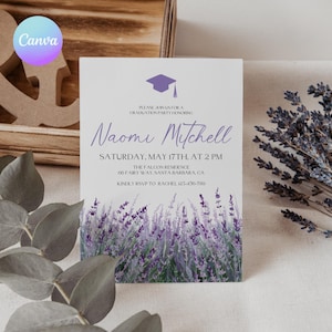 Faire-part de remise des diplômes lavande, carte d'invitation florale de remise des diplômes lilas, modèle d'invitation florale de diplômé universitaire, faire-part de célébration de diplômé