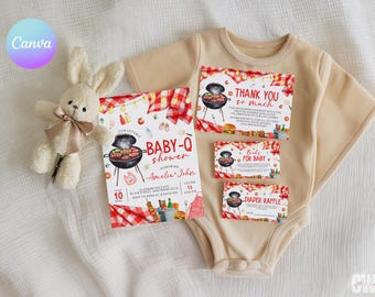 Baby Q Shower Invitation Set, Backyard BBQ Baby Shower Suite, Red Gingham Barbecue Invite, Diaper Raffle Card, Books Insert Kit QB2