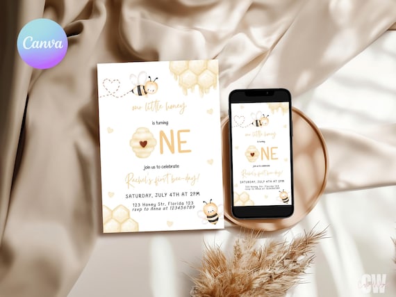 First Bee Day Birthday Invitation 1st Bee-Day Party Invite Bumble Bee Invite Honey Bee Invitation Digital Bee 1st Birthday Girl Invites BE1