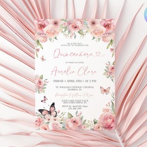 Blush Pink Mis Quince Invitation, Pink Butterfly Quinceañera Invite, Spring Floral 15th Birthday Evite, Printable Girl 15 Años Thank You