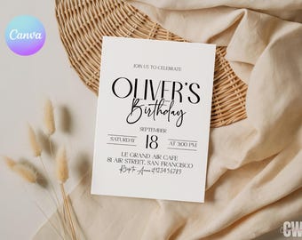Modern Minimalist Black White Birthday Invitation Template, Elegant Simple Party Invite, Printable Canva Template for Him or Her
