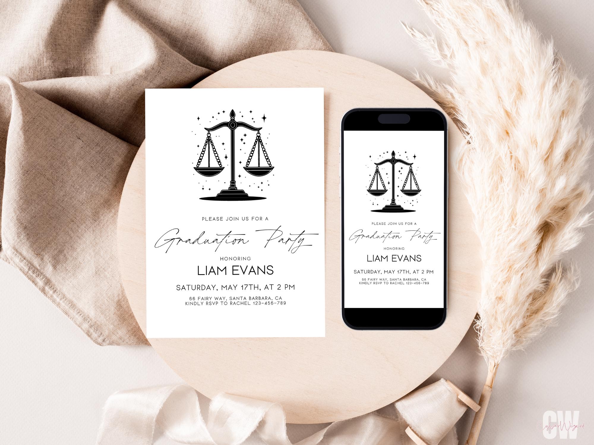 Law School Grad Invitation, Scales of Justice Invitation, Digital Layer ...