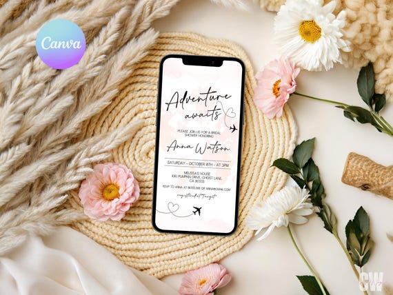 Digital Adventure Awaits Bridal Shower Invitation, Editable Travel Bridal Shower Online Invitation, World Map Bridal Shower Evite Card AA3