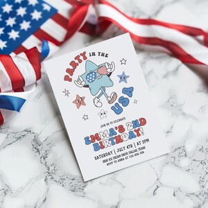 May include: A white invitation card with the text "PARTY IN THE USA" and "EMMA'S 2ND BIRTHDAY!" features a cartoon star with sunglasses. The card is decorated with red, white, and blue stars and an American flag in the background.