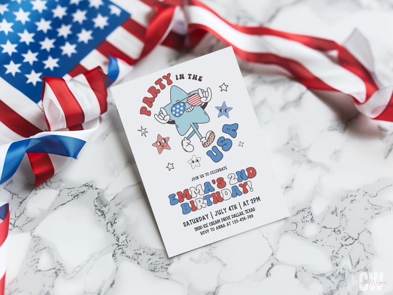 May include: A white invitation card with the text "PARTY IN THE USA" and "EMMA'S 2ND BIRTHDAY!" features a cartoon star with sunglasses. The card is decorated with red, white, and blue stars and an American flag in the background.