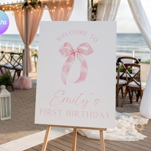 Editable Pink Bow 1st Birthday Welcome Sign, Coquette Bow First Birthday Welcome Poster, Girl Coquette 1st Birthday Entrance Poster BN1