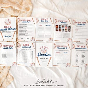 Peut inclure: Ensemble de jeux de baby shower sur le th&egrave;me du baseball. Les jeux incluent "Id&eacute;es de noms de b&eacute;b&eacute;", "Qui conna&icirc;t le mieux papa ?", "Devinez la chanson", "Qui est cette c&eacute;l&eacute;brit&eacute; ?", et plus encore. Cartes blanches avec des graphiques de baseball et de batte.