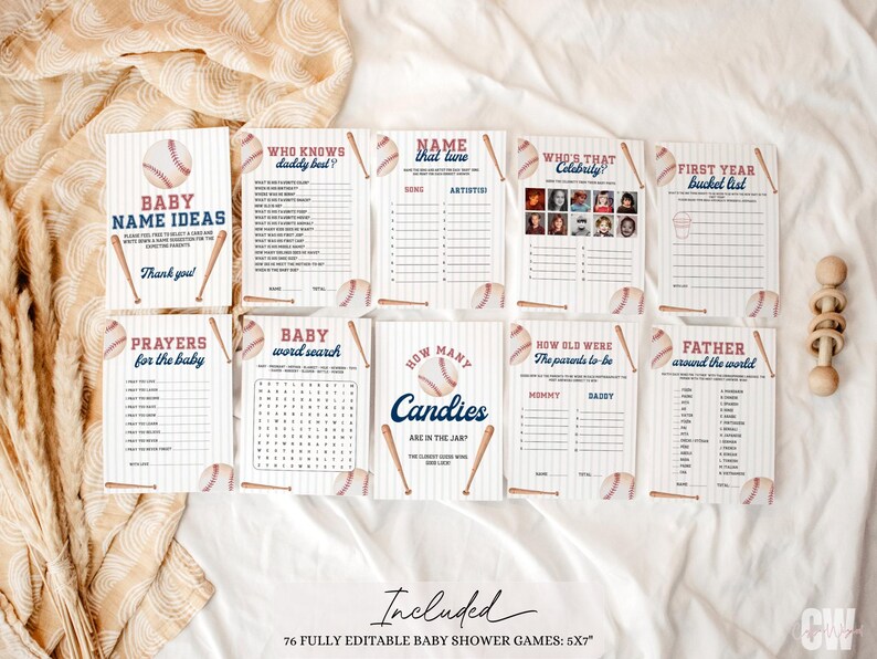 Peut inclure: Ensemble de jeux de baby shower sur le th&egrave;me du baseball. Les jeux incluent "Id&eacute;es de noms de b&eacute;b&eacute;", "Qui conna&icirc;t le mieux papa ?", "Devinez la chanson", "Qui est cette c&eacute;l&eacute;brit&eacute; ?", et plus encore. Cartes blanches avec des graphiques de baseball et de batte.