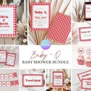 May include: A red and white gingham pattern is used throughout this baby shower printable bundle. The bundle includes a welcome sign, invitation, food labels, cupcake toppers, and more. The text on the welcome sign reads "Welcome to Olivia & Kevin baby shower August 4th 2020".