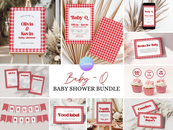 Baby-Q Baby Shower Invite Set, Editable Barbecue Baby Shower Invitation Bundle, Babyq Baby Shower Bundle, Summer Baby On The Way Set RB3