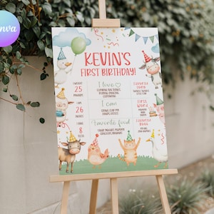 Puede incluir: Un colorido letrero de cumpleaños en un caballete, con el texto "¡Primer cumpleaños de Kevin!" e ilustraciones de animales. El letrero incluye detalles sobre el peso, la altura y las cosas favoritas del niño.