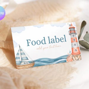 Little Sailor 1st Birthday Food Label, Junge Segelboot Erster Geburtstag Tischkarte, Bearbeitbare Nautische Erster Geburtstag Buffet Kartenvorlage NA1