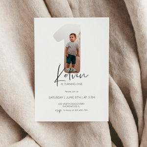 Modelo de convite minimalista EDITÁVEL para o primeiro aniversário Convite com foto Convites para o primeiro aniversário Cartões de aniversário com foto Convite com foto digital