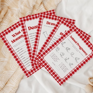 May include: A set of five baby shower game cards with a red and white gingham pattern. The cards feature games such as "What's Mommy Thinking?", "Animal Pregnancy", "Draw It", and "Guess the Rhyme".
