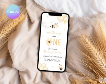 Bee Day Evite First Bee Day uitnodiging digitale bewerkbare Bee verjaardagstekst uitnodigen Floral Bumble Bee telefoon uitnodiging Bee telefoon uitnodigen BE1