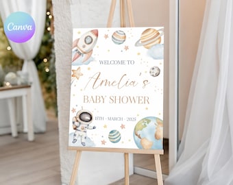 Space Baby Shower Welcome Sign – Houston We Have a Boy Theme (Editable Canva Template) AS2