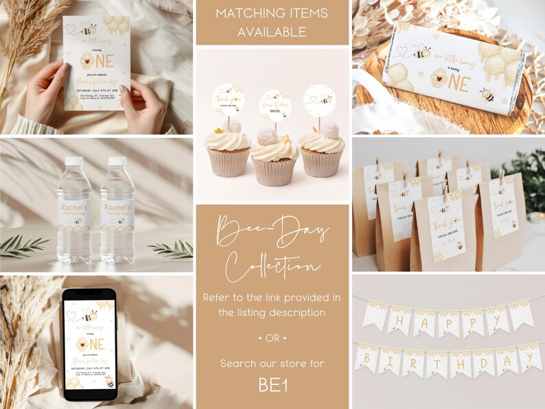 May include: Bee-themed first birthday party decorations, including invitations, cupcake toppers, favor bags, and a banner that reads "Happy Birthday".