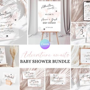 Reise-Abenteuer-Babyparty-Bundle, Karte-Babyparty-Einladungsset, druckbar Die Welt erwartet Babyparty, bearbeitbares Reise-Duschspiel AA1