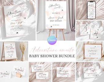 May include: A baby shower invitation bundle with a travel theme. The invitation features a watercolor background with airplanes and hearts. The text "Adventure awaits" is written in black calligraphy. The bundle includes a welcome sign, food labels, thank you cards, and other printable items.