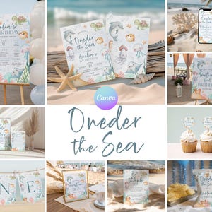 May include: A collection of party decorations with an "Oneder the Sea" theme. Includes invitations, banners, cupcake toppers, and a welcome sign. The designs feature sea creatures like dolphins and turtles in pastel colors.