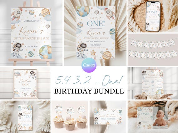 First Trip Around the Sun Birthday Bundle, Space First Birthday Party Invitation, Galaxy 1st Birthday Suite, Rocket Birthday Decoration AS1