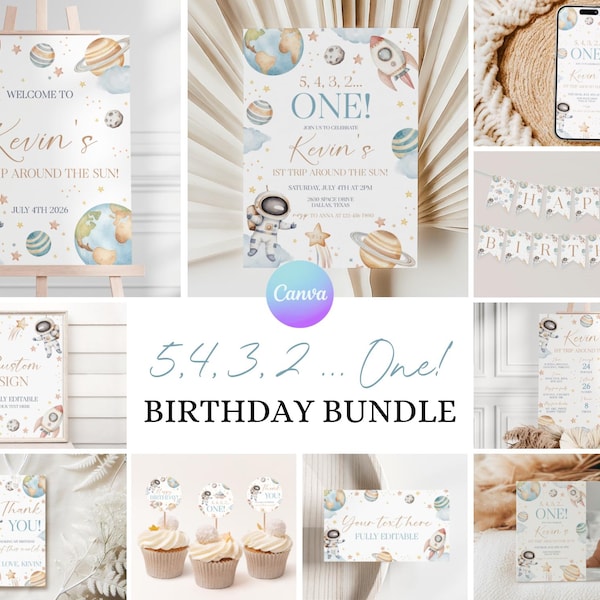 First Trip Around the Sun Birthday Bundle, Space First Birthday Party Invitation, Galaxy 1st Birthday Suite, Rocket Birthday Decoration AS1