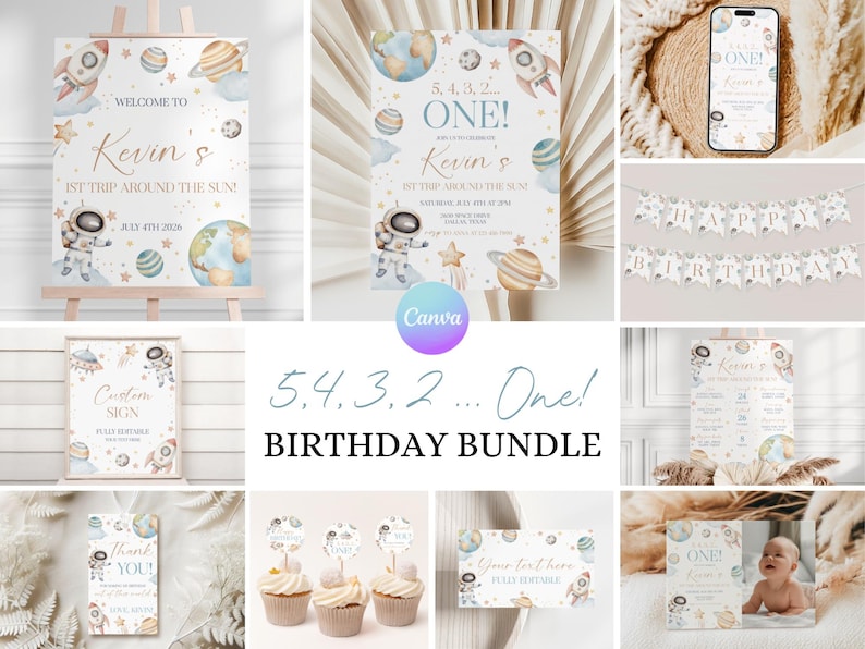 May include: A collection of space-themed birthday party decorations. Includes invitations, signs, cupcake toppers, and a banner. Designs feature planets, rockets, astronauts, and the text "5, 4, 3, 2... One!" and "Kevin's 1st Trip Around the Sun!"