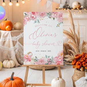 Pink Pumpkin Baby Shower Welcome Sign, Pumpkin on the Way Party Welcome Sign, Floral Pumpkin Shower Entry Sign, Autumn Shower Welcome AM2
