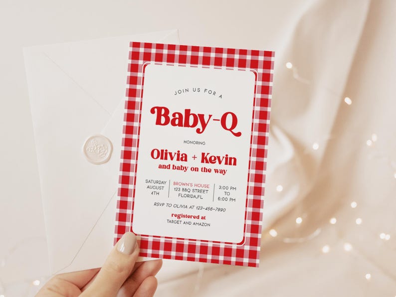 May include: Red and white gingham baby shower invitation with the text "Join us for a Baby-Q honoring Olivia + Kevin and baby on the way". The invitation includes details for the event, including the date, time, location, and RSVP information. It also mentions that the couple is registered at Target and Amazon.