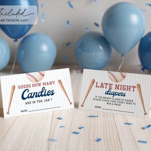 Peut inclure: Cartes de jeu pour une baby shower sur le th&egrave;me du baseball, avec des ballons bleus et des confettis. Les cartes pr&eacute;sentent des battes de baseball, des balles de baseball et le texte "Devinez combien de bonbons" et "Couches de nuit". Comprend 6 billets de jeu, 8,89 cm x 5,08 cm.