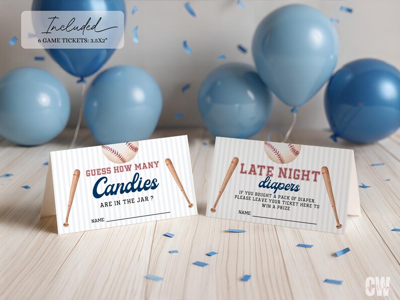 Peut inclure: Cartes de jeu pour une baby shower sur le th&egrave;me du baseball, avec des ballons bleus et des confettis. Les cartes pr&eacute;sentent des battes de baseball, des balles de baseball et le texte "Devinez combien de bonbons" et "Couches de nuit". Comprend 6 billets de jeu, 8,89 cm x 5,08 cm.