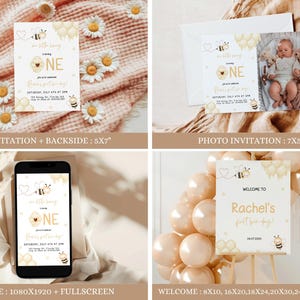 May include: A set of printable invitations for a first birthday party with a bee theme. The invitations feature a yellow and white honeycomb pattern, a bee, and the text "One little honey". The invitations are available in different sizes, including 5x7 inches, 7x5 inches, and 8x10 inches.