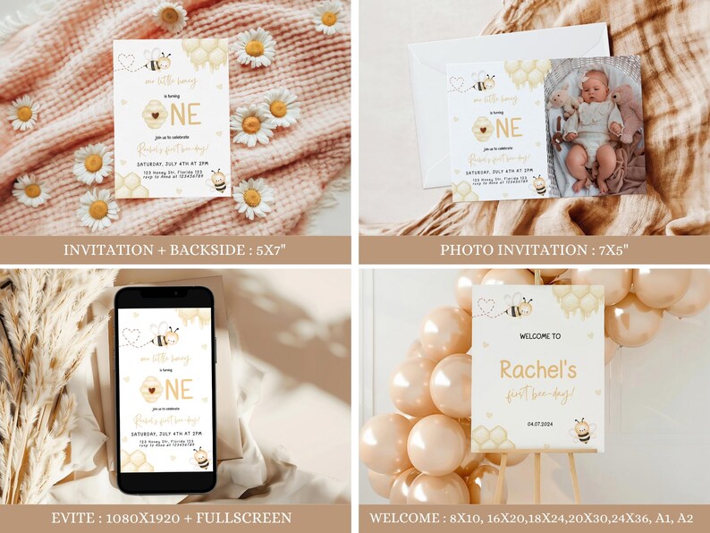 May include: A set of printable invitations for a first birthday party with a bee theme. The invitations feature a yellow and white honeycomb pattern, a bee, and the text "One little honey". The invitations are available in different sizes, including 5x7 inches, 7x5 inches, and 8x10 inches.