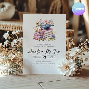 Elegant Floral Graduation Invitations, University Grad Invitation, Digital Book Graduation Invite, College Grad Celebration Invite Template