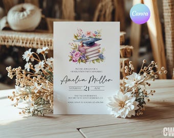 Elegant Floral Graduation Invitations, University Grad Invitation, Digital Book Graduation Invite, College Grad Celebration Invite Template