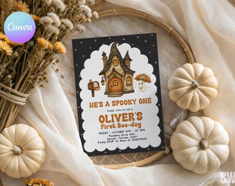 Spooky One Halloween Birthday Invitation, First Boo Day 1st Birthday Invite, Canva Template